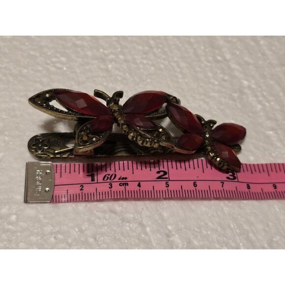 Vintage Red Butterfly Marcasite Hair Barrette Clip Bronze Tone Elegant Accessory - Picture 3 of 3